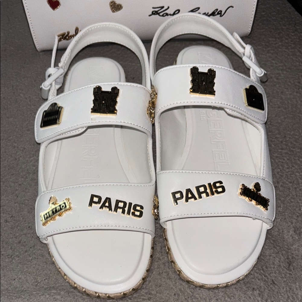 Karl Lagerfeld White Sandals with Black and Gold Details